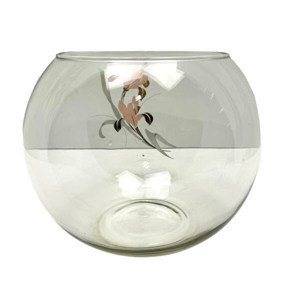 Vintage Clear Glass Fishbowl Decorative Vase with Asian Lotus Flower Design - Picture 3 of 7